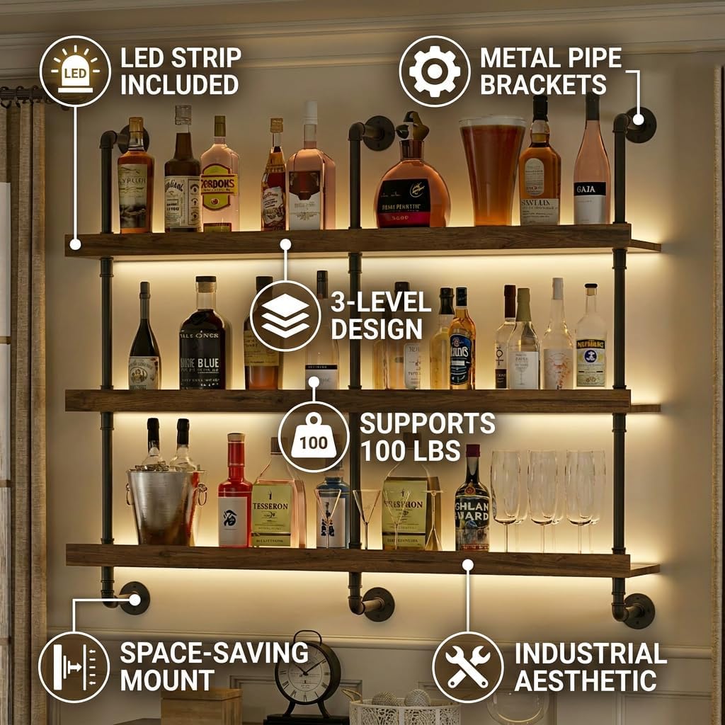 壁掛けワインラック LEDライト付き 3段フローティングバー - Kitchen Appliances Holder のレビューと価格